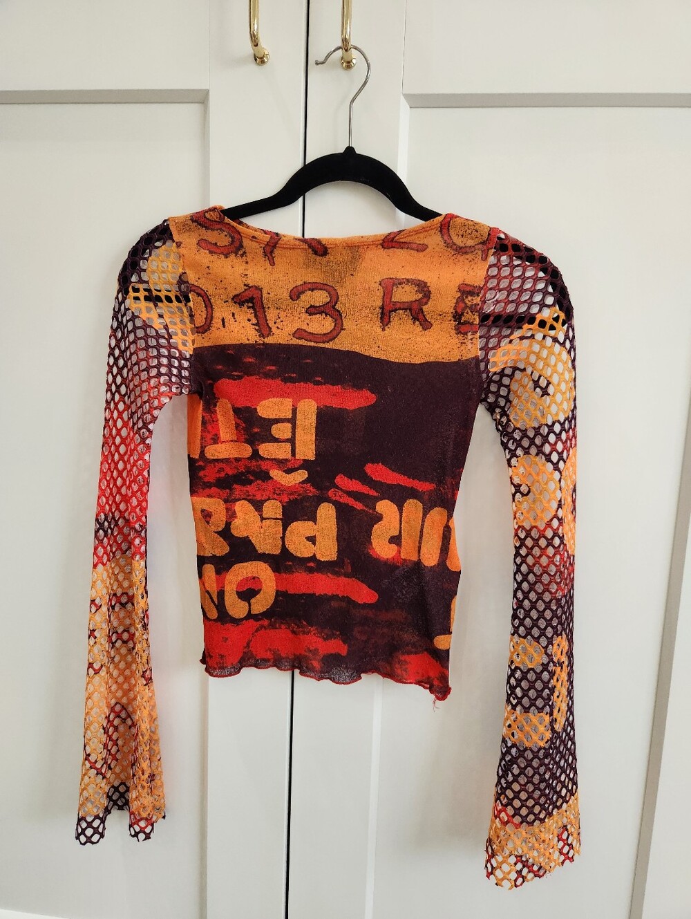 Urban Outfitters Orange and Brown Graphic Mesh-Sleeve Crop Top